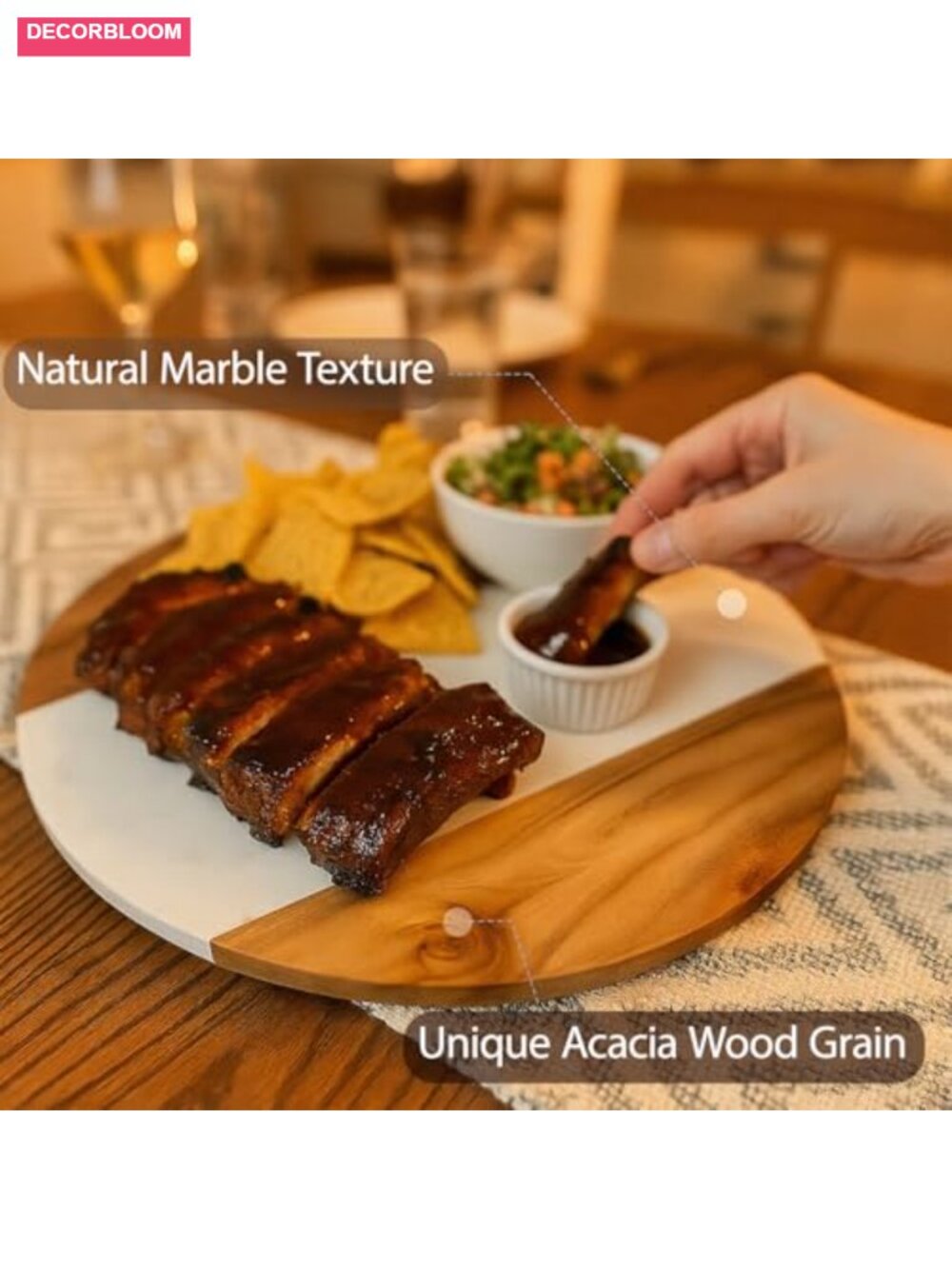13 Inch Marble and Acacia Wood Lazy Susan 360 Rotating Serving Tray Charcuterie - Picture 3 of 6